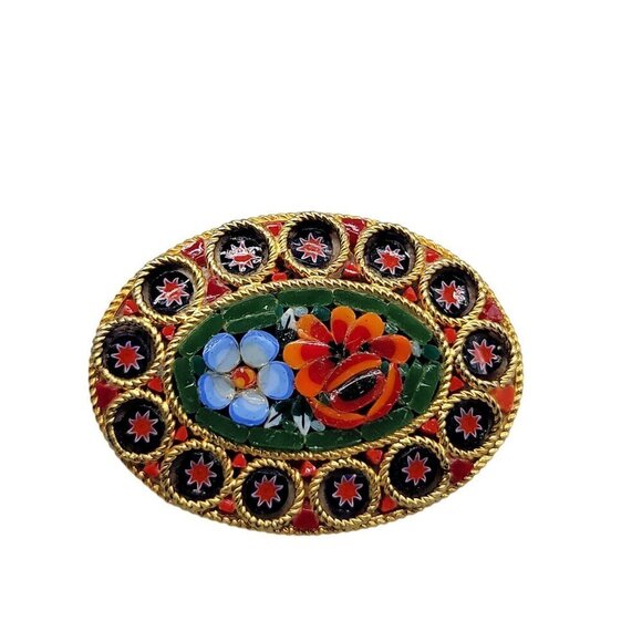 Micro Mosaic Floral Brooch Oval Glass Chips Gold Tone - Picture 3 of 6